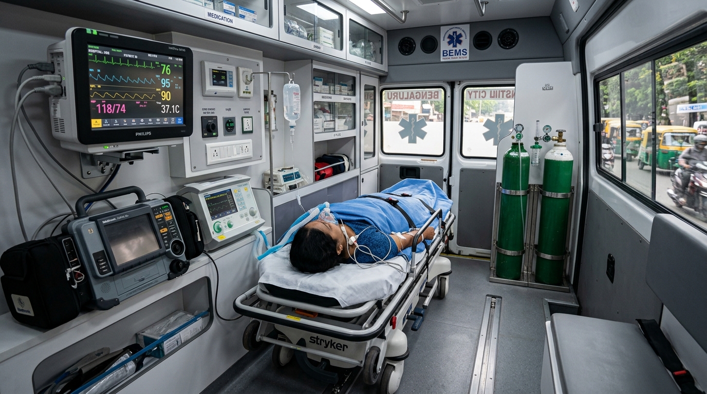 Ambulance interior with medical equipment